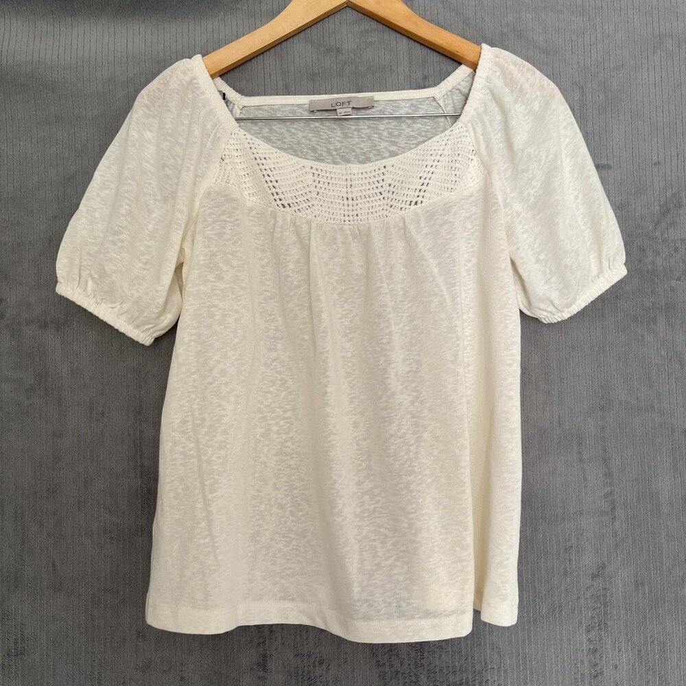 Loft White Casual & Formal Shirt with puffed sleeves and crochet Detail Wm XS